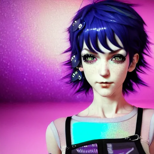 Image similar to a beautiful ramona flowers wearing punk fashion with head tilted back, focus close on eyes realistic skin texture, eighties holographic art by ilya kuvshinov monet range murata artgerm katsuhiro otomo norman rockwell, highly detailed intricately sharp focus, bedroom eyes trending on pinterest vogue italia unreal engine 5, 4 k uhd image