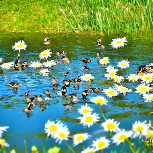 Prompt: ducks swimming in daisies by the creek, colorful butterflies flying in the air, clear, light colors, golden hour,