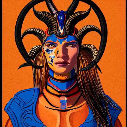 Image similar to illustrated portrait of skinny prominently ram-horned woman with orange skin and blue hair wearing leather armor, hyper detailed, photorealistic