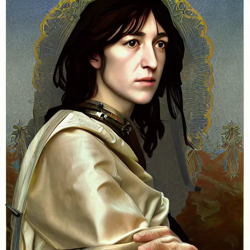 Image similar to portrait of charlotte gainsbourg as joan of arc, hyperreal digital painting, iconography influenced by alphonse mucha and eugene delacroix, arstation and deviantart trends, high resolution 8 k