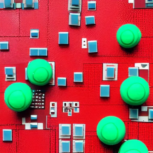 Prompt: circuitboard spheres on a red cube