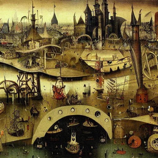 Image similar to riverside steampunk city, painting by hieronymus bosch