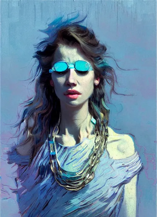 Prompt: portrait of beautiful girl, necklace, ecstatic, dancing, eyes closed, shades of pastel blue and light grey, new york backdrop, beautiful face, rule of thirds, intricate outfit, spotlight, by greg rutkowski, by jeremy mann, by francoise nielly, by van gogh, digital painting