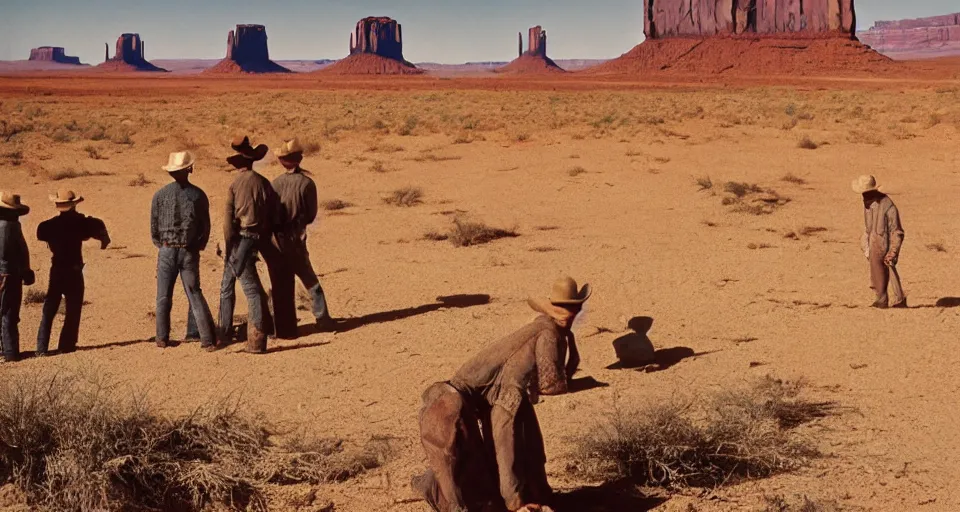 Prompt: film still showing cowboys looking at a gigantic Henry Moore sculpture in the desert directed by Sergio Leone, western, monument valley, cinemascope, technicolor