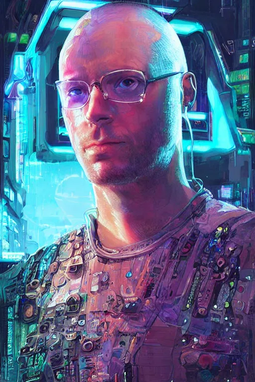 Image similar to A portrait of the Techgnosis author Erik Davis as a cyberpunk, iridescent highlights, background of digital greebles, highly detailed, intricate, soft, sci-fi, sharp focus, glowing lines, art by Ruan Jia and Moebius