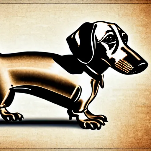 Prompt: 2d steampunk dachshund annotated prototype blueprint, Andrey Tatarko style, ultra detailed, complex design, high contrast, ornate, high detail, full frame, post processing