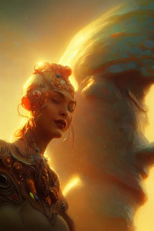 Prompt: attractive alien woman, close - up portrait, intricate, elegant, volumetric lighting, scenery, digital painting, highly detailed, artstation, sharp focus, illustration, concept art, gaston bussiere, ruan jia, steve mccurry