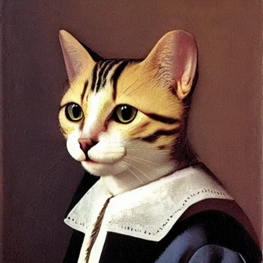 Image similar to portrait of a cat in a tuxedo by jan vermeer