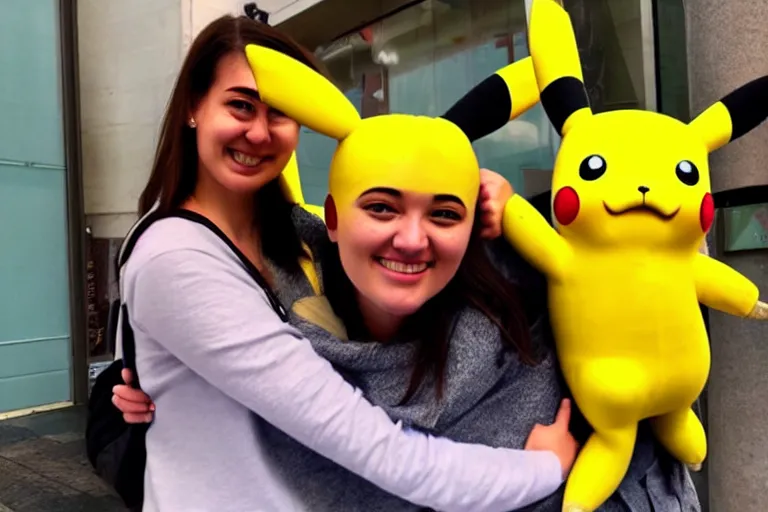 Image similar to a young woman is hugging a life size pikachu