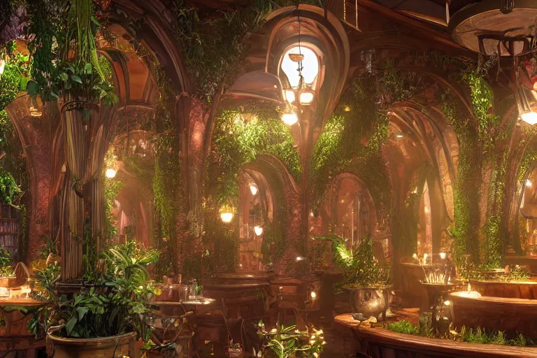 Image similar to inside an elvish art nouveau lush tavern found in italy with potted plants, artgerm, yoshitaka amano, baroque interior, 8 k, octane render, unreal engine