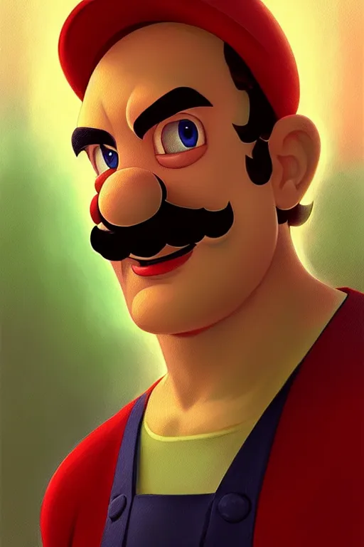 Prompt: a portrait of mario from mario bros., fantasy, sharp focus, intricate, elegant, digital painting, artstation, matte, highly detailed, concept art, illustration, ambient lighting, art by ilya kuvshinov, artgerm, alphonse mucha, and greg rutkowski