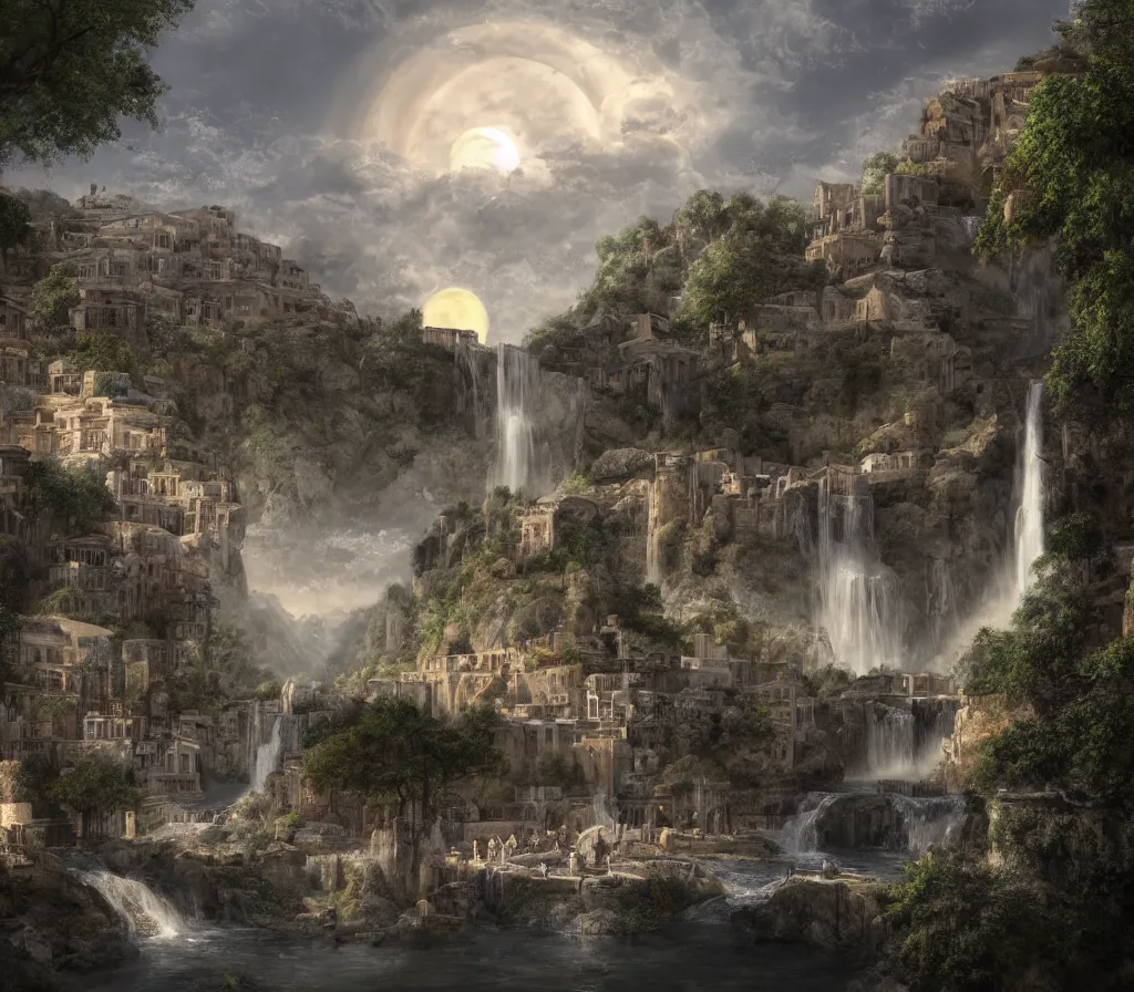 Prompt: a highly detailed matte painting of a beautiful greco roman city by a waterfall with a bridge over the river, two moons, nighttime, 8 k hd, concept art, artstation, deviantart, cg society,