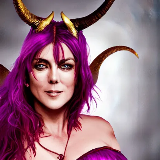 Image similar to illustrated hyper realistic portrait of Elizabeth Hurley as ram-horned devil woman with purple hair, red dress, epic action pose by rossdraws, award winning epic HD photography