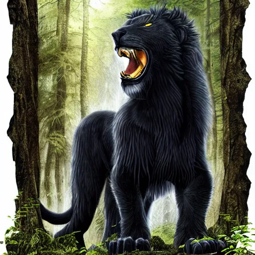 Image similar to epic pose of black lion with gold lightnings in the fur in the middle of the ancient forest , colossal scale, photorealistic, high details, intricate by Nick Nichols and Evgeniy Antonenkov