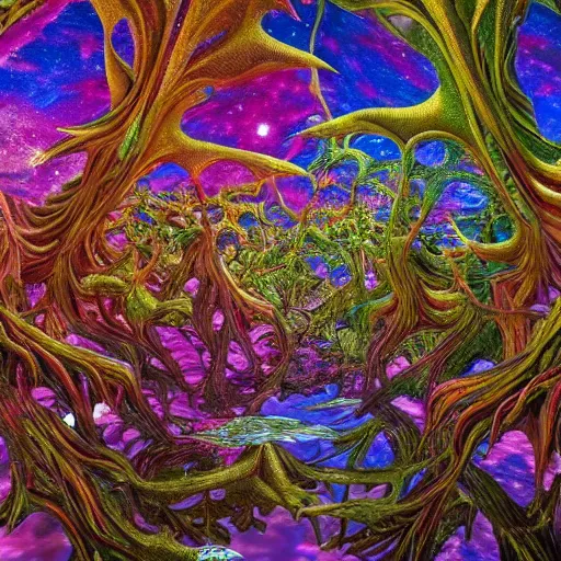 Prompt: stars lush art airbush cinematic nature photography cryengine render rich by lisa frank, antoni gaudi, john stephens, alex grey, m. c. escher, tim white, frank gehry, tomasz alen kopera