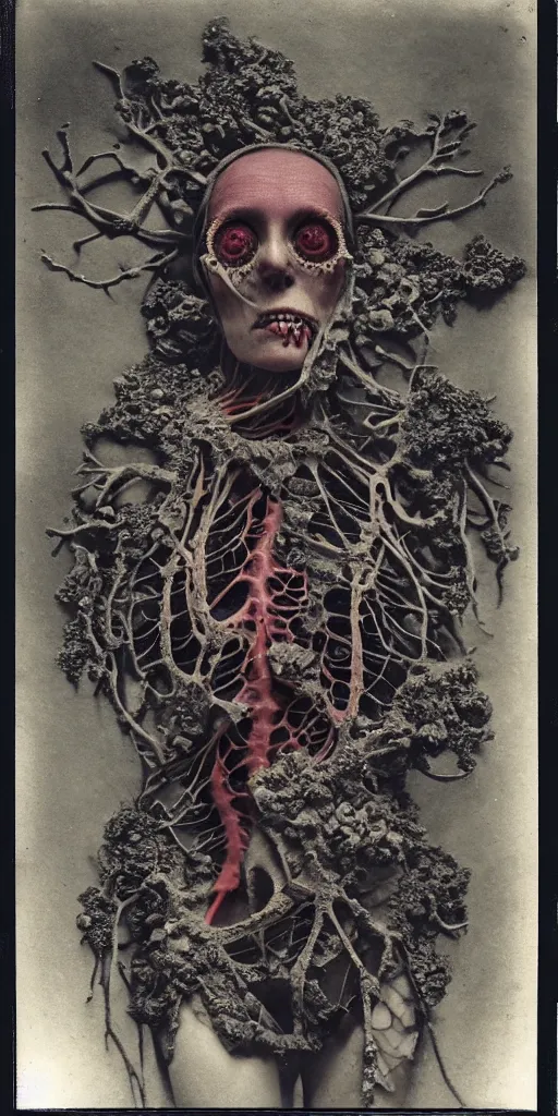 Prompt: an 1 9 1 0 polaroid photography of a very sad and detailed rotten woman corpse with fractal coral reefs and ornate growing all around, muscles, veins, arteries, anatomical, eye, ears, full body, intricate, surreal, ray caesar, john constable, guy denning, dan hillier, black and white