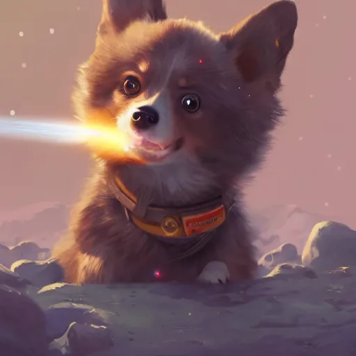 Prompt: an extremely cute and heroic corgi cosmonaut exploring an alien planet, shooting stars in the background, highly detailed digital painting, greg rutkowski, trending on artstation, 8 k