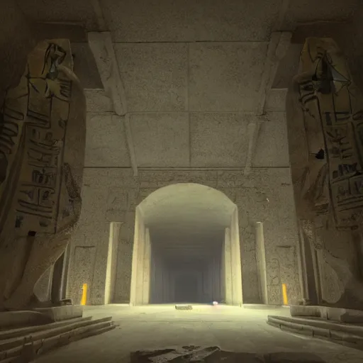 Prompt: giant egyptian tomb in pyramide, spectacular eerie creepy mood, lovecraft, ridley scott, zack snyder, fenghua zhong, realistic cinematic lighting, establishing action shot, ultra detailed, hyper realism, photo, octane render, no depth of field