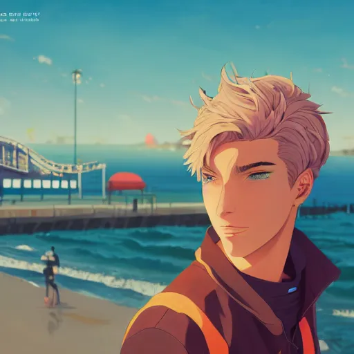 Image similar to ⁠portrait of Félix Lengyel(xqc), Santa Monica Pier background, rich vivid colors, ambient lighting, dynamic lighting, 4k, HQ, official media, anime key visual, makoto shinkai, ilya kuvshinov, lois van baarle, rossdraws, detailed, trending on artstation