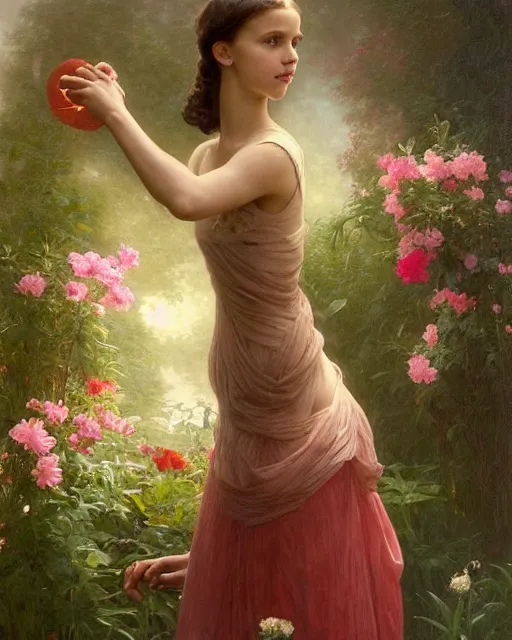 Prompt: a well - lit portrait painting of a shy, blushing 1 6 - year old alicia vikander or millie bobby brown as a ballerina in her flower garden with lanterns at night, intricate, elegant, highly detailed, artstation, concept art, by krenz cushart and donato giancola and william adolph bouguereau and alphonse mucha