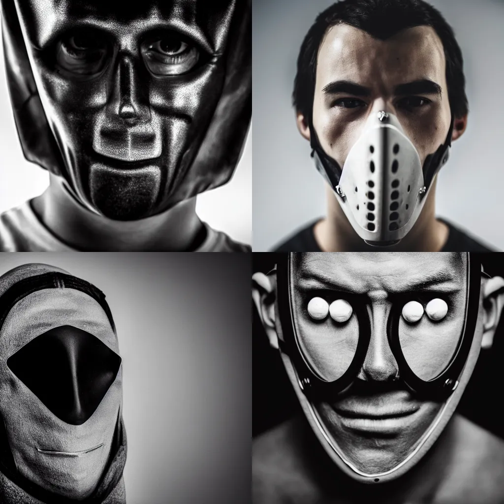 Prompt: a dimly lit, ominous close-up of a man wearing a metal mouth mask, heavy shadows, desaturated, high contrast, 8k