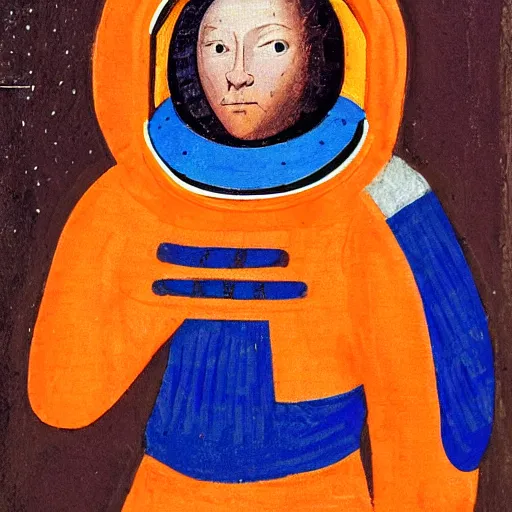 Prompt: a medieval style painting of an astronaut in space wearing an orange space suit
