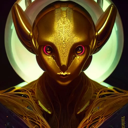 Prompt: hyper advanced alien evolved from preying mantis, sci fi, glowing eyes, volumetric lights, gold theme, art nouveau botanicals, intricate, highly detailed, digital painting, artstation, concept art, smooth, sharp focus, cinematic, illustration, beautiful face, art by artgerm and greg rutkowski and alphonse mucha