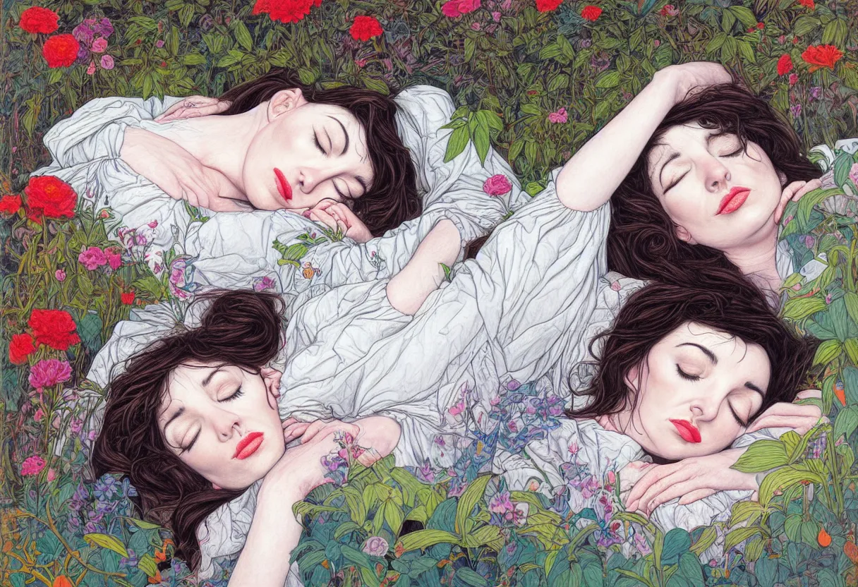 Image similar to ! dream portrait of kate bush sleeping in a garden by james jean