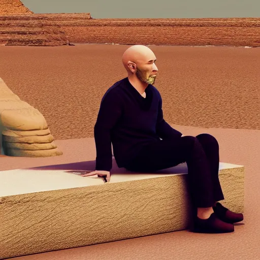Prompt: bald man sitting on a bench in front of the sphinx, artstation, hyper realistic, octane render