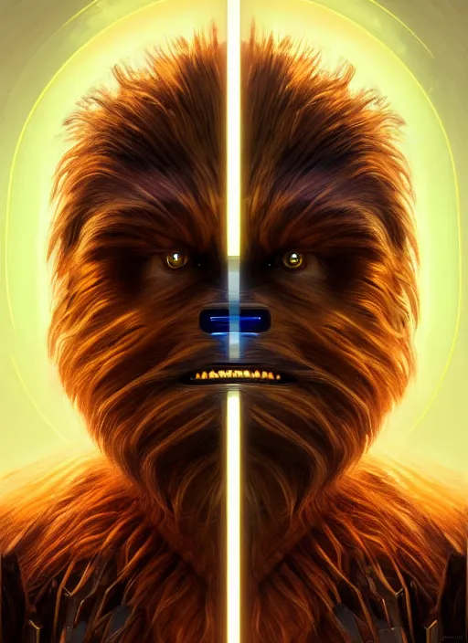 Image similar to symmetry!! portrait of chewbacca, sci - fi robot arm, tech wear, glowing lights!! sci - fi, intricate, elegant, highly detailed, digital painting, artstation, concept art, smooth, sharp focus, illustration, art by artgerm and greg rutkowski and alphonse mucha