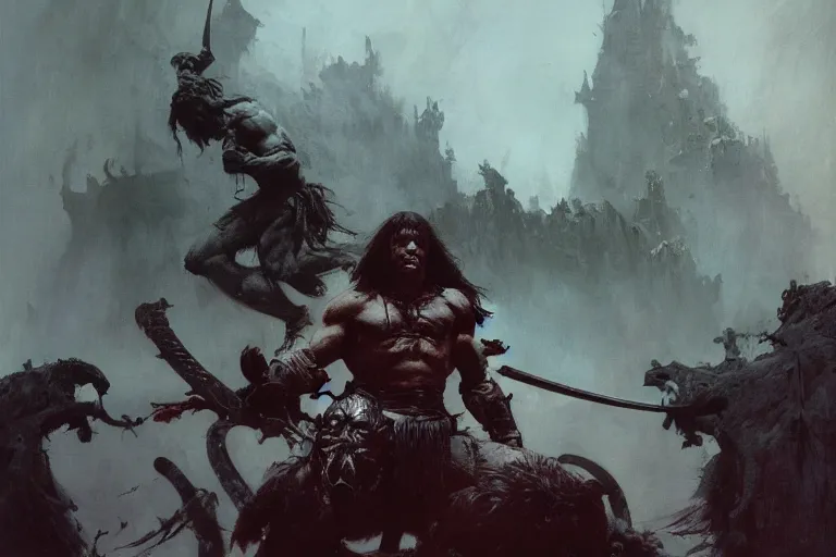 Image similar to conan the barbarian, intricate, elegant, highly detailed, vivid colors, john park, frazetta, sparth, ruan jia, jeffrey catherine jones