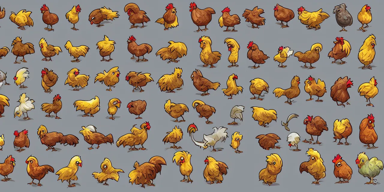 Prompt: game asset sheet, 2 d sprite, chickens young old middle - aged material study