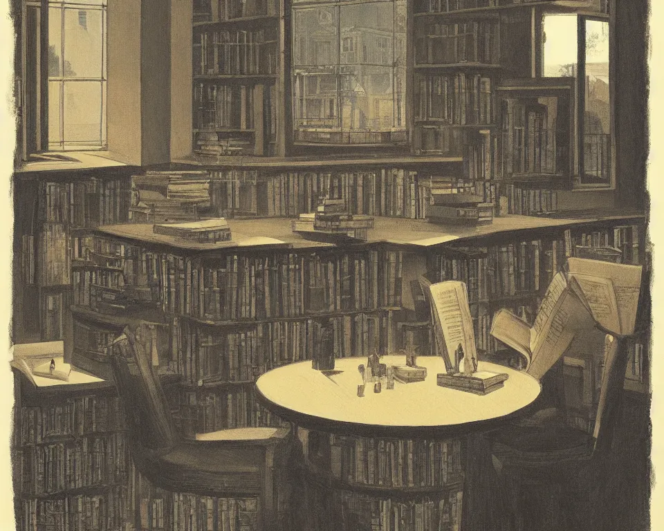 Prompt: an achingly beautiful print of an intimate, dimly-lit library, filled with books and a chess-set on the table by Raphael, Hopper, and Rene Magritte. detailed, romantic, enchanting, trending on artstation.