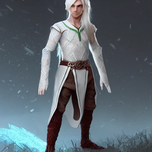 Image similar to a highly detailed male elf in full length, with white long hair, white clothes, bright blue eyes, artstation, DeviantArt, professional, octane render