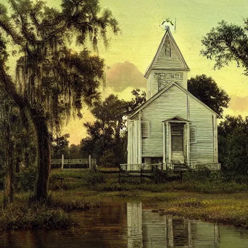 Prompt: 1 9 e century southern gothic scene, old white wooden church in bayou swamps, in louisiana, old painting style claude gellee