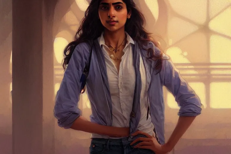 Prompt: Anxious pretty pale young Indian doctor wearing jeans at the airport, portrait, elegant, intricate, digital painting, artstation, concept art, smooth, sharp focus, illustration, art by artgerm and greg rutkowski and alphonse mucha