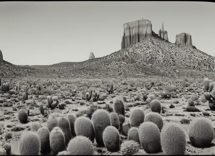 Prompt: Distant view of a huge cathedral mesa with cactus in the foreground, albumen silver print by Timothy H. O'Sullivan.