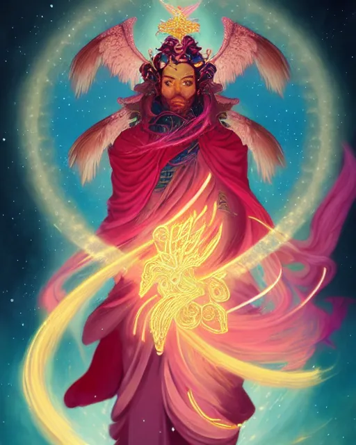 Prompt: a character portrait of only one male angel of justice with golden fiery wings, surrounded with spiriling sparkling rose crystals and galaxies, by peter mohrbacher, hyper light drifter, ukiyo - e trending on artstation