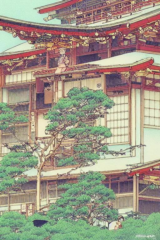 Image similar to beautiful anime illustration of a rural japanese home, by moebius, masamune shirow and katsuhiro otomo