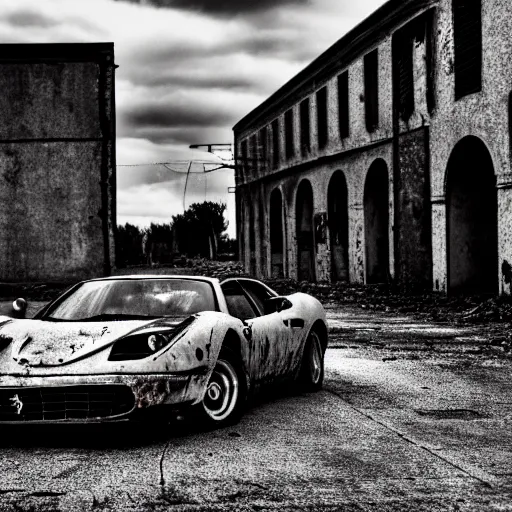 Image similar to black and white press photograph of a rusted abandoned ferrari on an empty abandoned city street, full view, detailed, natural light, mist, film grain, soft vignette, sigma 5 0 mm f / 1. 4 1 / 1 0 sec shutter, imax 7 0 mm footage