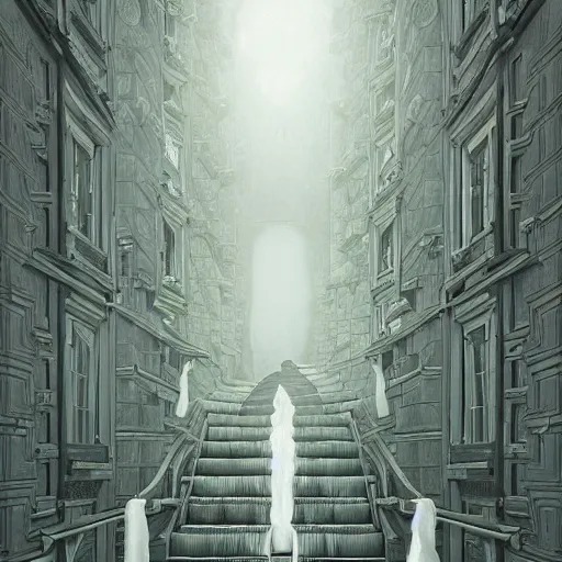 Image similar to a flood of slime in a bright white hallway with many doors and many stairs, Mc Escher architecture, epic composition, cgsociety, hyperdetailed, 8k