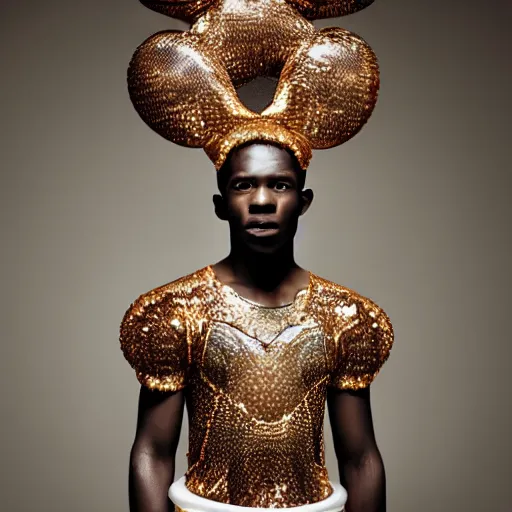 Prompt: a beautiful young haitian male wearing iris van herpen mickey mouse couture, photographed by erwin olaf