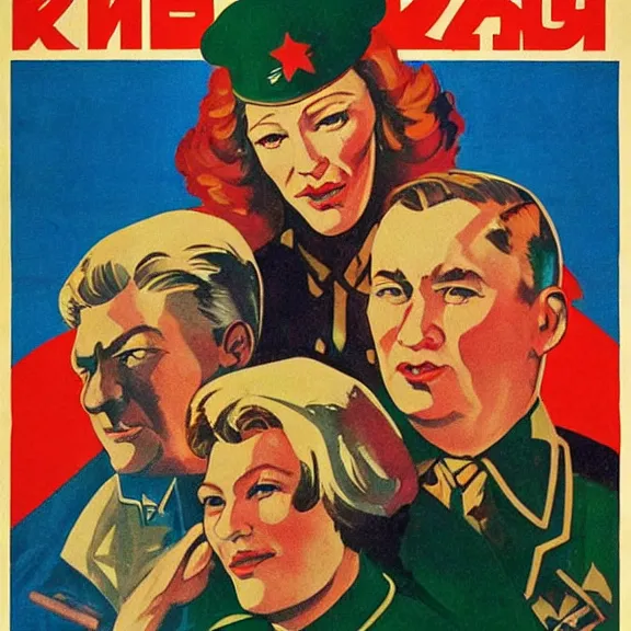 Image similar to soviet propaganda poster with cate blanchett calling on the world community to fight against Nazism, Ultra Detailed, high resolution, soviet realism