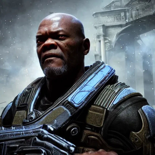 Image similar to Samuel L Jackson in Gears of War, splash art, movie still, cinematic lighting, dramatic, octane render, long lens, shallow depth of field, bokeh, anamorphic lens flare, 8k, hyper detailed, 35mm film grain