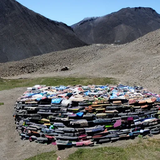 Prompt: a mountain made of recycled toilets