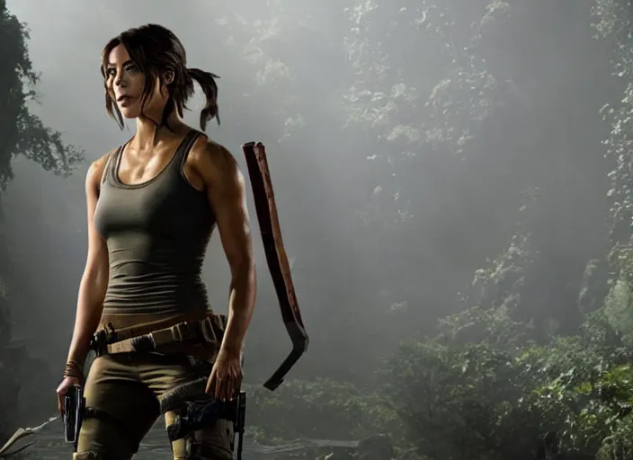 Image similar to film still of!!!! chloe bennett!!! as lara croft in new tomb raider movie, 8 k