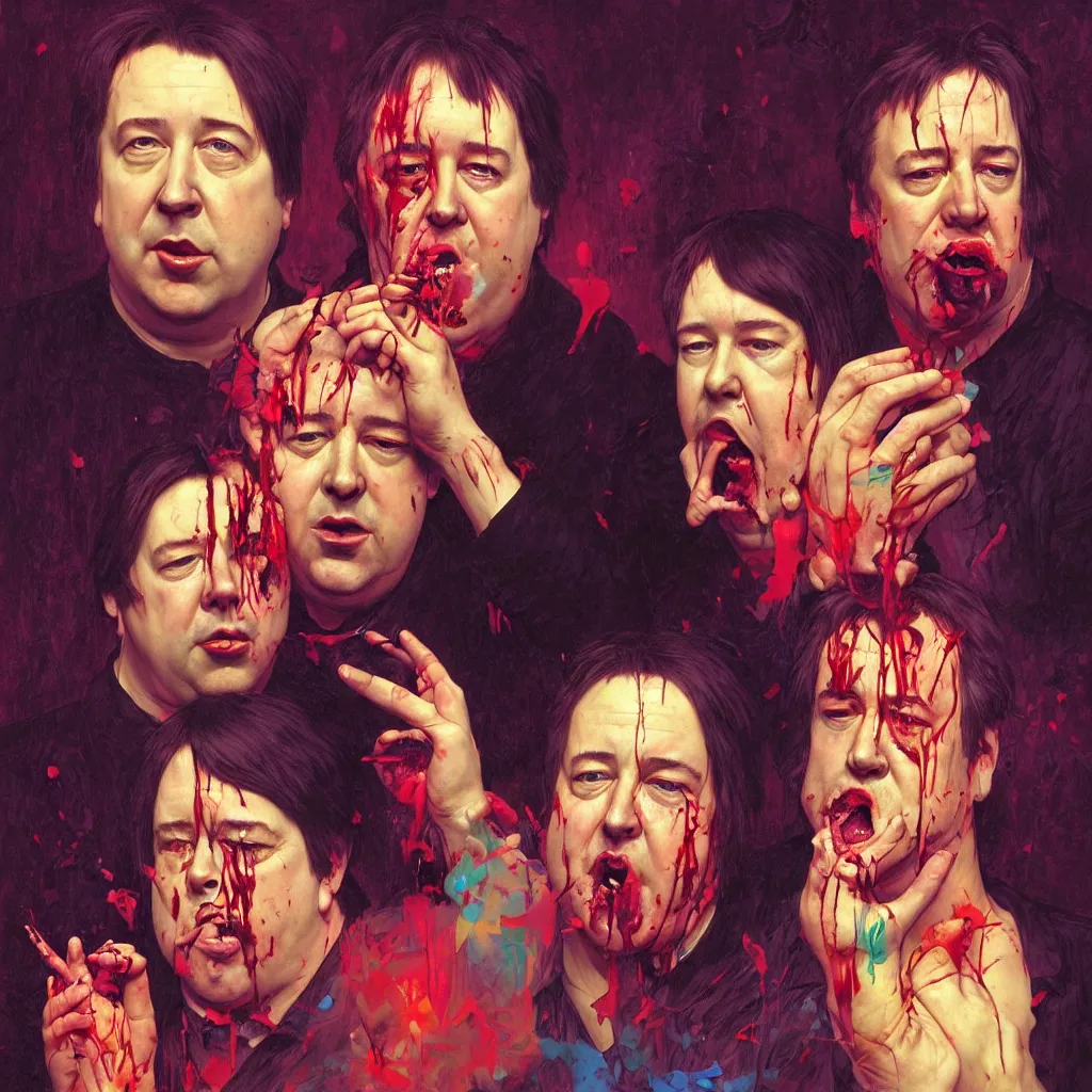 Image similar to weird and disturbing portrait of bill hicks and mike patton puking blood, vivid colors, happy, neon, art by ( ( ( kuvshinov ilya ) ) ) and wayne barlowe and gustav klimt and artgerm and wlop and william - adolphe bouguereau