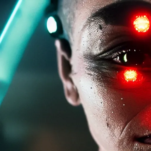 Image similar to movie still of cyborg with glowing third eye, cinematic composition, cinematic light, criterion collection, by tobe hopper