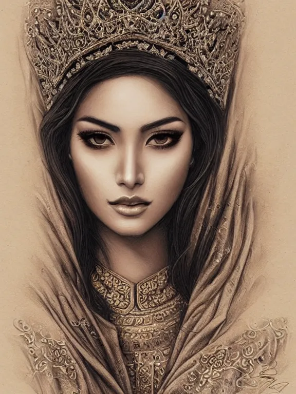 Prompt: An Iranian princess, by artgerm, beautiful, mixed media on toned paper, 2021, very detailed, coffee art