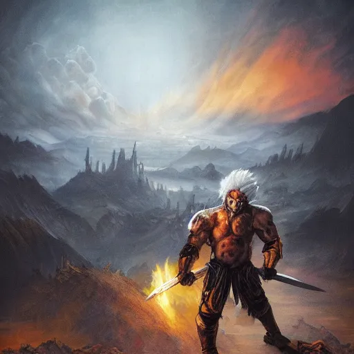 Prompt: Lionman with white hair and glowing yellow eyes wearing leather armor, walking towards the camera, burning city in background, charred landscape, full body art, wielding a longsword, fantasy art, Dim Lighting